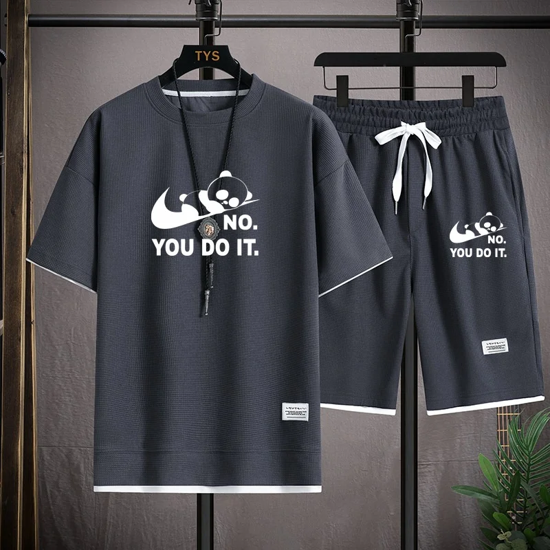 No You Do It Unique Tracksuits 2 Piece Short Sleeve Suits Printing T-shirt +Sweatpants Sets Panda Casual Summer Sport Clothes