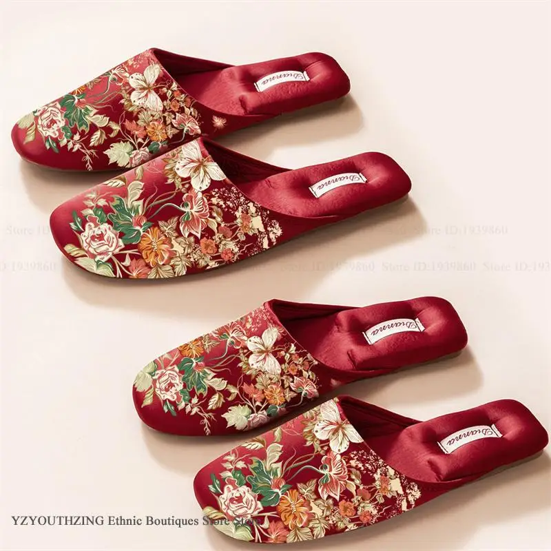 Bridegroom Bride Wedding Slippers Vintage Chinese Style Print Flower Wedding Supplies Photo Props Casual Women's Sandals Shoes