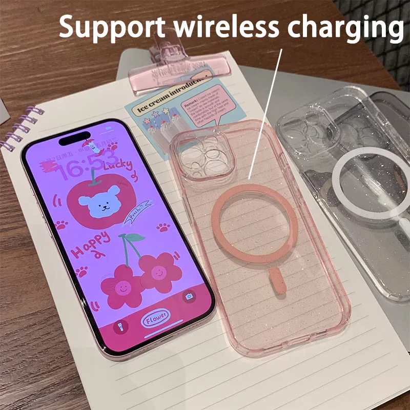 Luxury Glitter Magsafe Transparent Phone Case For iPhone 13 14 15 16 Pro Max Plus Magnetic Clear Bumper Cases Cover