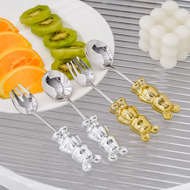 304 Stainless Steel Tableware Light Violence Bear Spoon Fork Set Fruit Fork Sweet Soup Spoon Stainless Steel Creative Home Cute