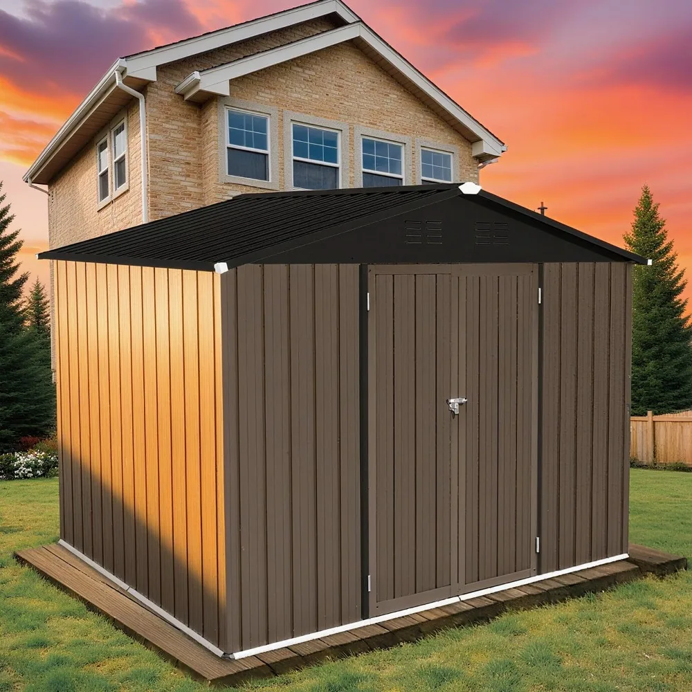 

8 x 6 FT Outdoor Storage Metal Shed, Bike Garden Tool Shed with Slooping Roof, Lockable Doors and Aluminum Frames, Shed Easy to