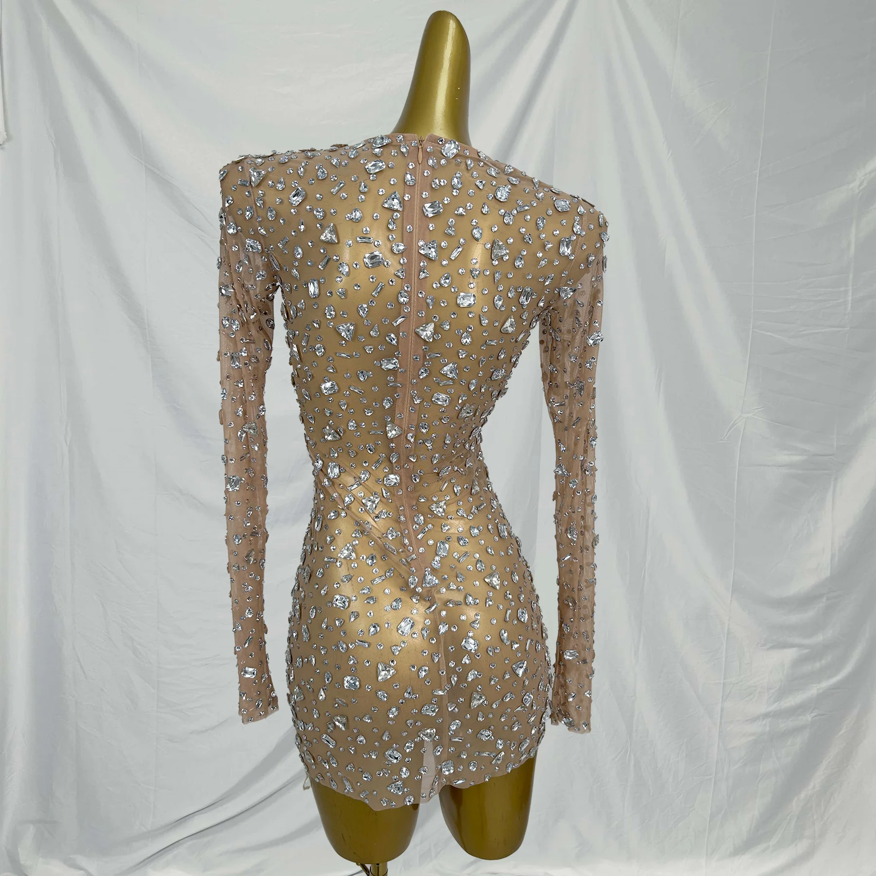 Sexy Long Sleeves Square Collar Night Club Party Banquet Mini Dress Cocktail Crystal Prom Sheath Dress Female Stripper Outfits