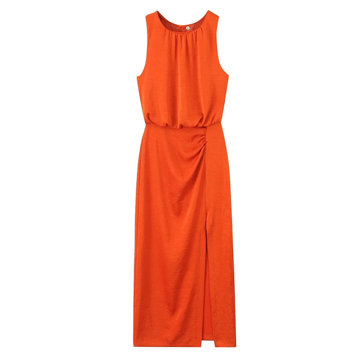 2025 Elegant Women Summer Ruched Waist Midi Dress Casual Sleeveless O Neck Slit Bodycon Party Beach Vacation Dress