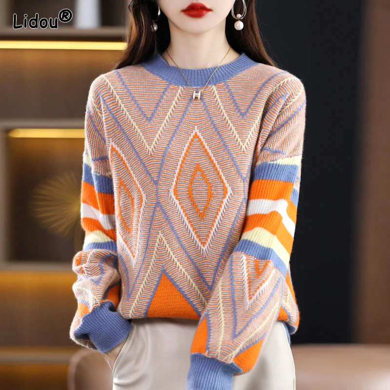 2022 New Autumn Winter Thick O-Neck Sweater Bohemian Style Lantern Sleeve Multicolor Spliced Knitting Pullovers Women's Clothing