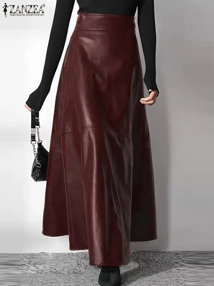 

ZANZEA Casual High Waist Zipper Jupe Women's PU Leather Maxi Skirt 2024 Spring Solid Color Mujer Faldas Elegant OL Long Saias