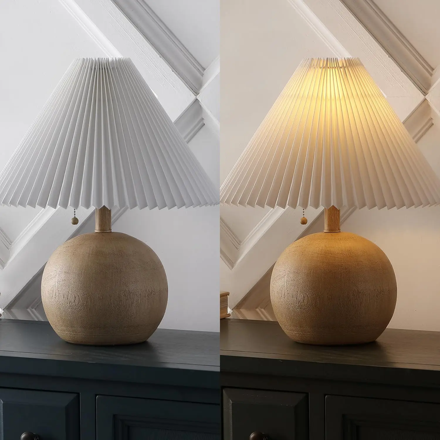 17.25" Beige Wood & White Sphere Table Lamp, Mid-Century Nightstand, Scandinavian Coastal Style, LED Bulb Included view 5