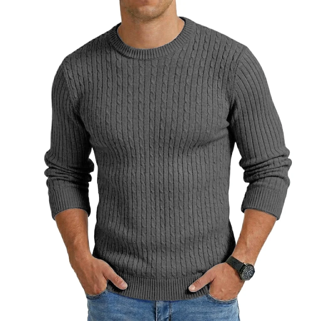 Image 5: Nouveau Pull Homme à Manches Longues Col Rond, Tricoté de Luxe à Maille Torsadée, Décontracté, pour le Travail, Printemps Automne