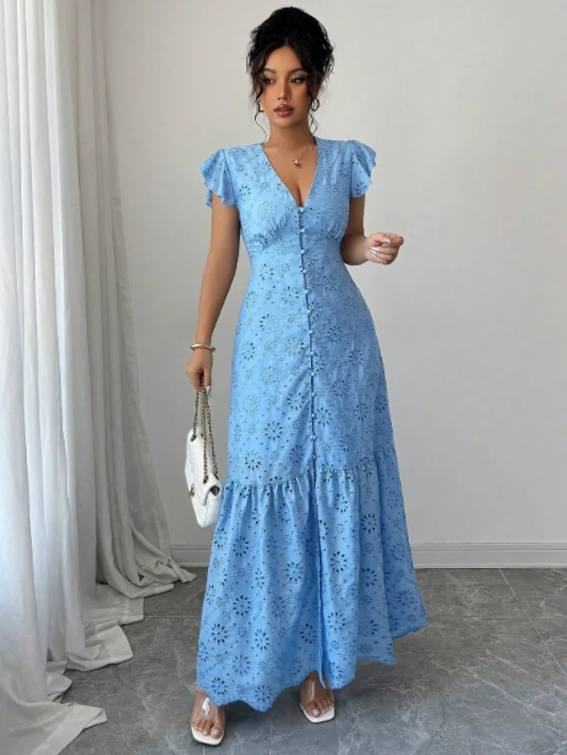 2026 Sommer Damen Elegantes Rüschen-Maxikleid mit Lochstickerei für Urlaub und Party – Boho Strand-Sommerkleid – Detail 6