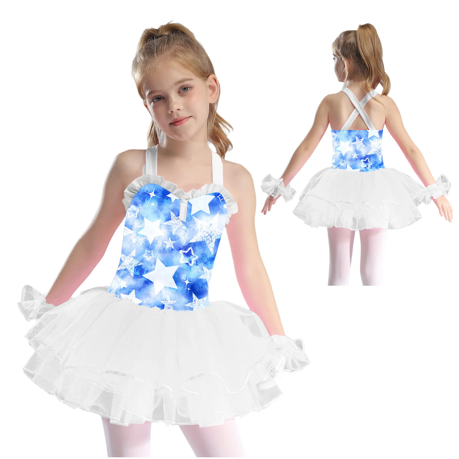 فستان الأميرة توتو للرقص باليه للفتيات بدون أكمام مطبوع عليه ترتر شبكي مع أكمام للذراع زي التزلج على الجليد والجمباز #1