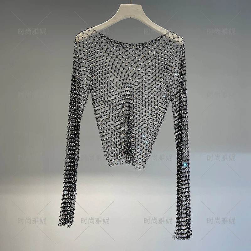 Summer Fashion Grid Mesh Fabric T Shirt Women Glitter Diamond Round Neck Long-sleeved Bottoming Female Club Style Slim Tops