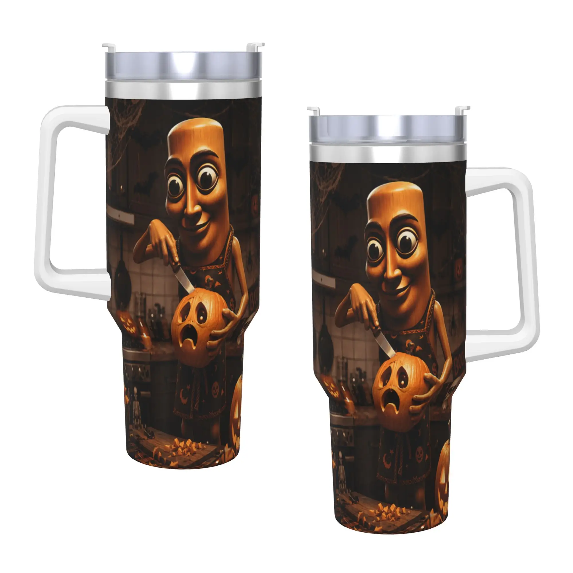 Meme Tung Sahur Carving Spooky Pumpkin Halloween Scary Night Tumbler Cold and Hot Water Bottle Stainless Steel Thermal Mug