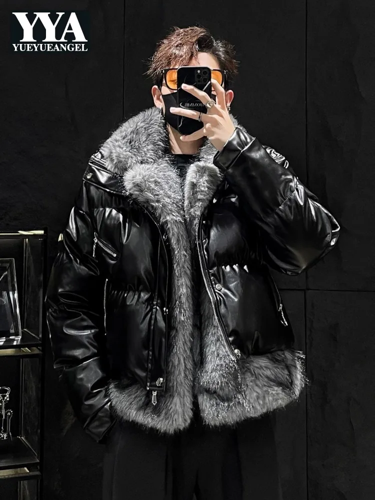 Winter Pu Leather Mens Jacket Fashion Fake Two Pieces Punk Thicken Warm Streetwear Winter Faux Fur Coat Personality Outerwear