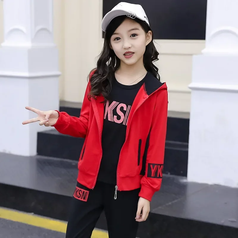 Sports Suit for Girls 3PCS/Set Children Clothes Cotton Hoodie + T-shirts + Pants Kids Tracksuit for Girls 5 6 8 9 10 12 13 Years