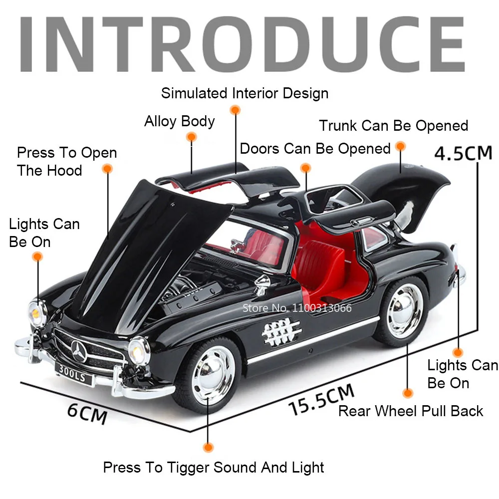 1:32 300SL Tourbillon Model Cars Toys Alloy Diecast 4 Doors Opened Miniature Car Wheel Pull Back Vehicle Boys Collection Gifts