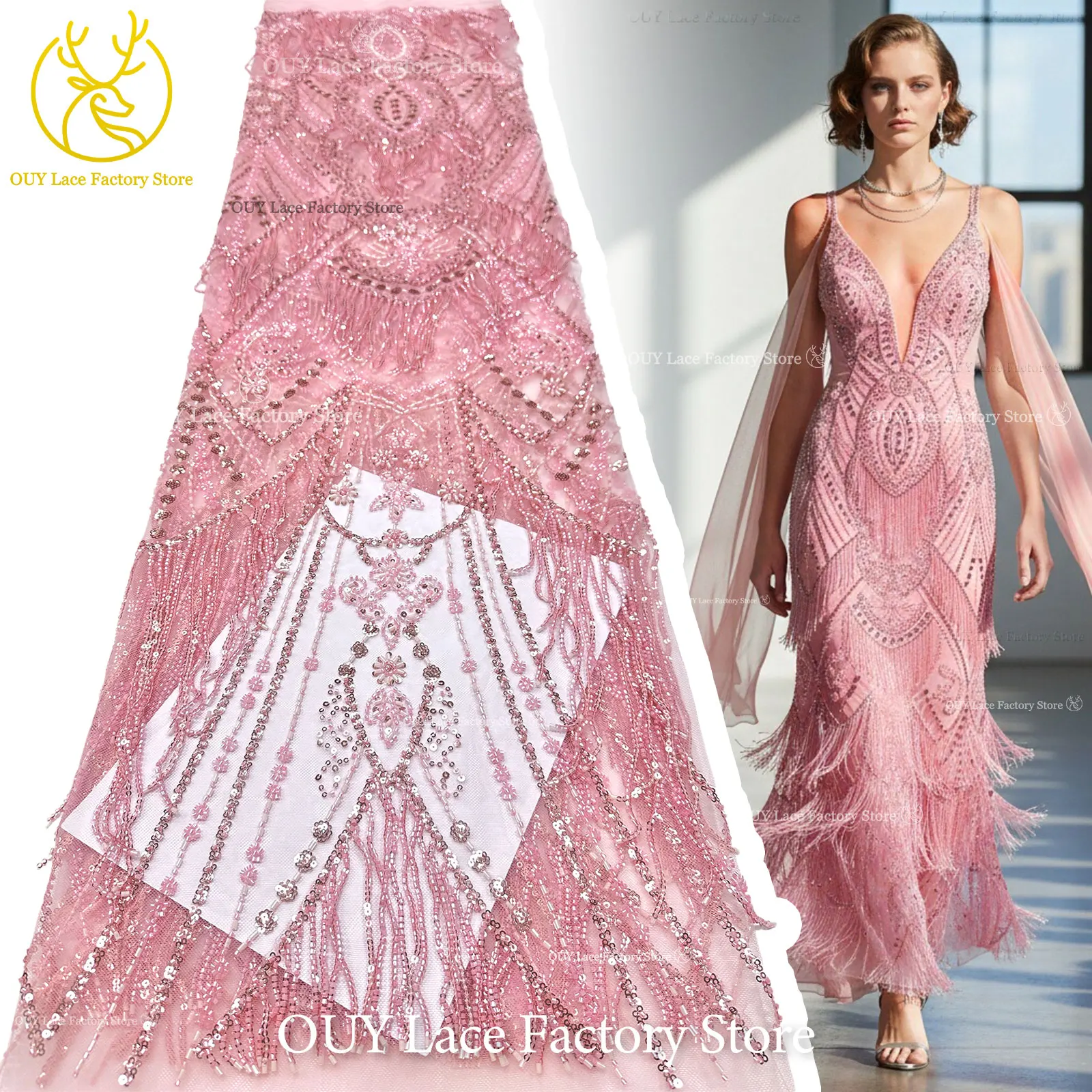 Roter 3D afrikanischer nigerianischer Perlen-Spitzenstoff, französischer Pailletten-Tüll, bestickter Spitzenstoff für Damen, Hochzeitsdekoration, Kleid, Nähen – Detail 6