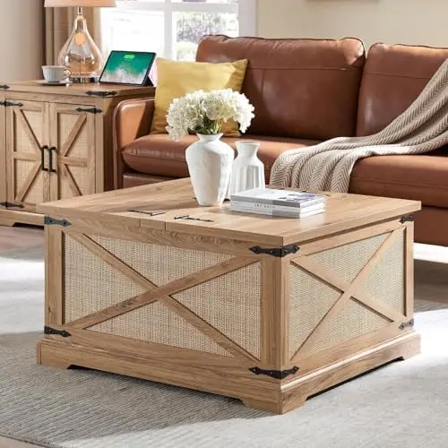 Farmhouse Coffee Table with Lift Top, Rustic Storage Table, Natural Rattan Design