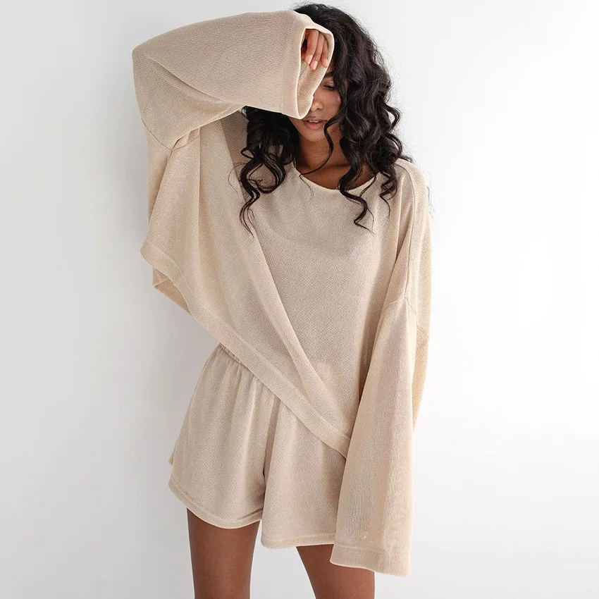 New Summer European American Women's Two Piece Set Loose Fitting Long Sleeve Cotton Linen Pajamas Shorts Comfortable Loungewear