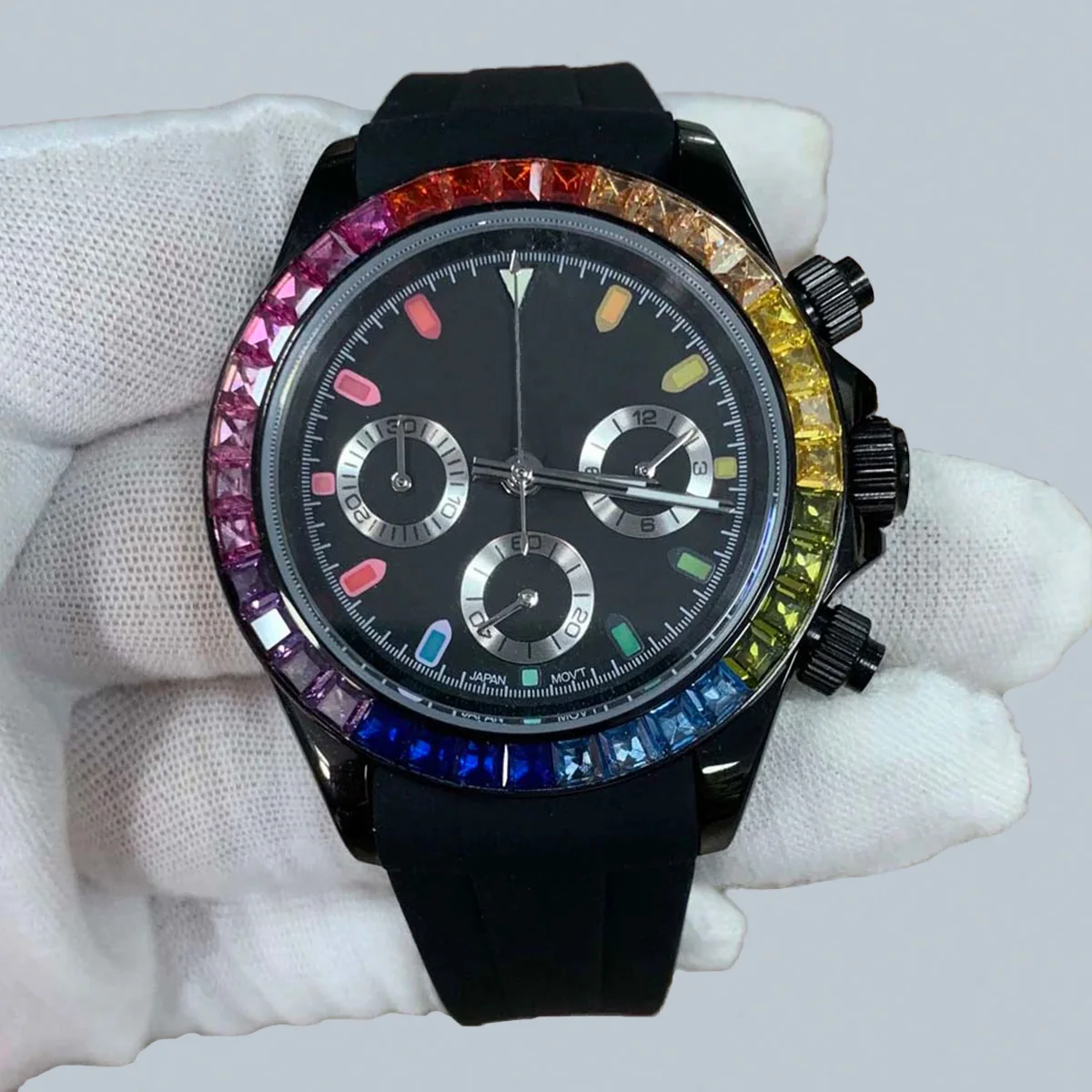 

VK63 Colored Diamond Men's Black Watch 40mm Stainless Steel Quartz Timing Code with VK63 Movement