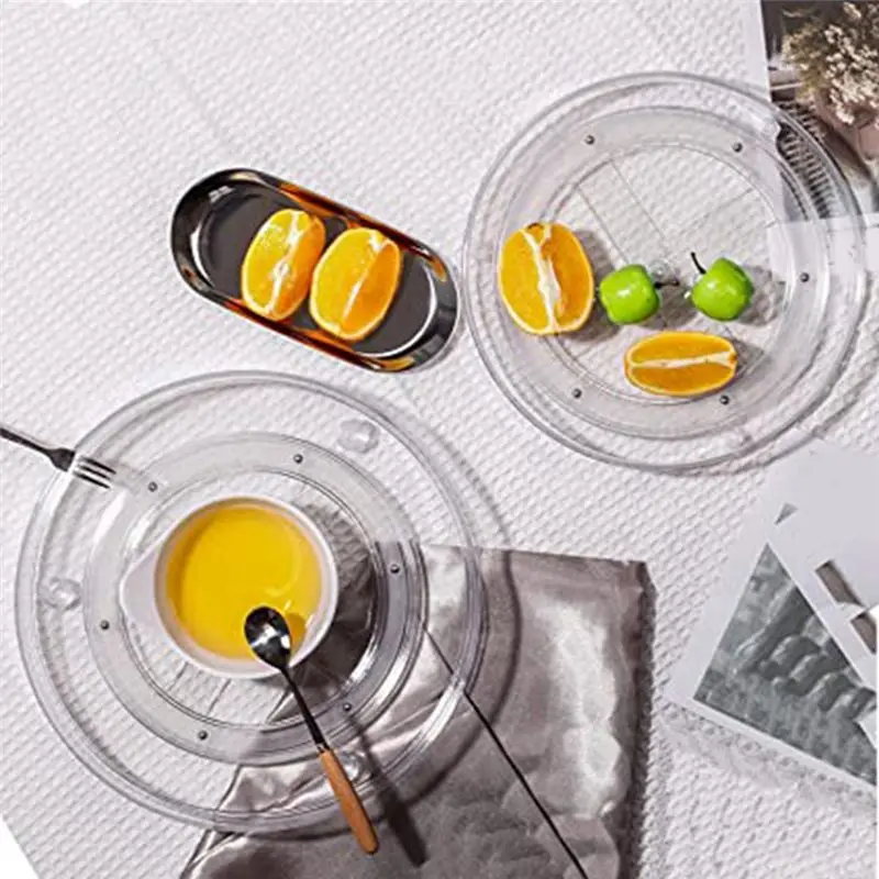 DT39 Plastic Turntable Kitchen Organizer 2 Pack PET Transparent 27cm+23.5cm 360° Rotation for Spice Cosmetic Fridge Cabinet