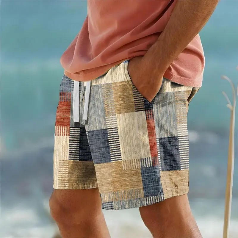 

2026 Plaid Color Block Men's Resort 3D Printed Geometry Board Shorts Swim Trunks Elastic Drawstring Hawaiian Style Holiday Beach