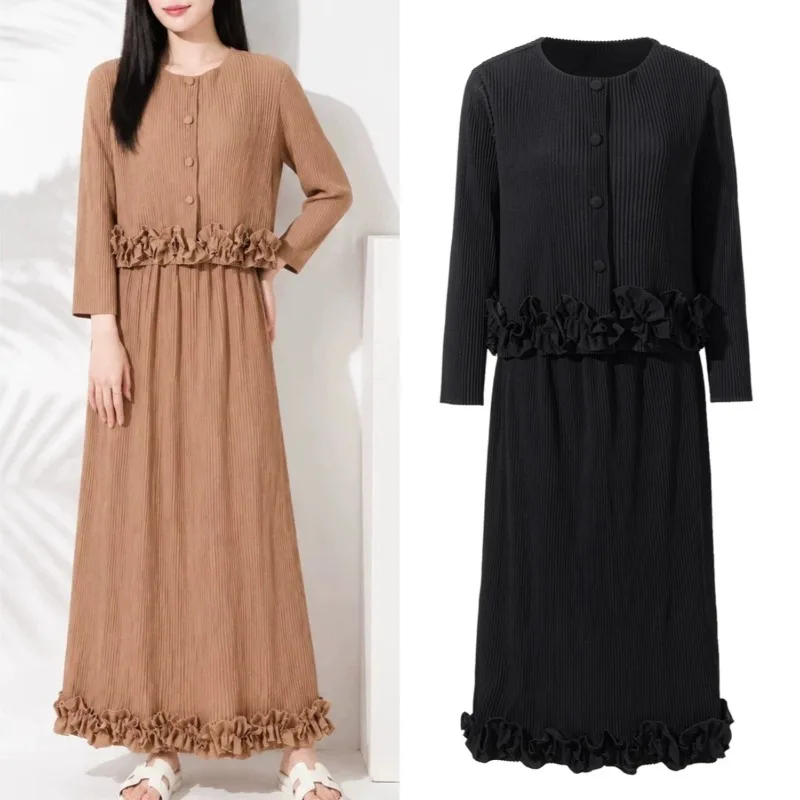Pleated Skirt Set Women 2026 Autumn Winter Elegant Age-Reducing Design Bouncy Top Ruffle Decoration Pleats Half Skirt Outfit Set