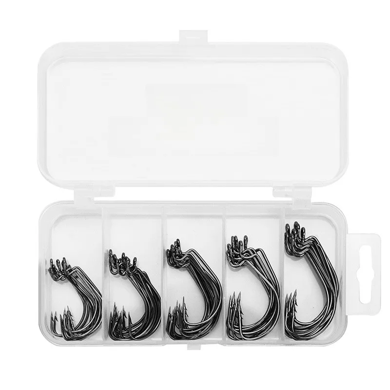 50pc Offset Worm Hooks High Carbon Steel for Black Nickel Plated with 5-Partition Storage Box for Soft Plastic Lure Rigging