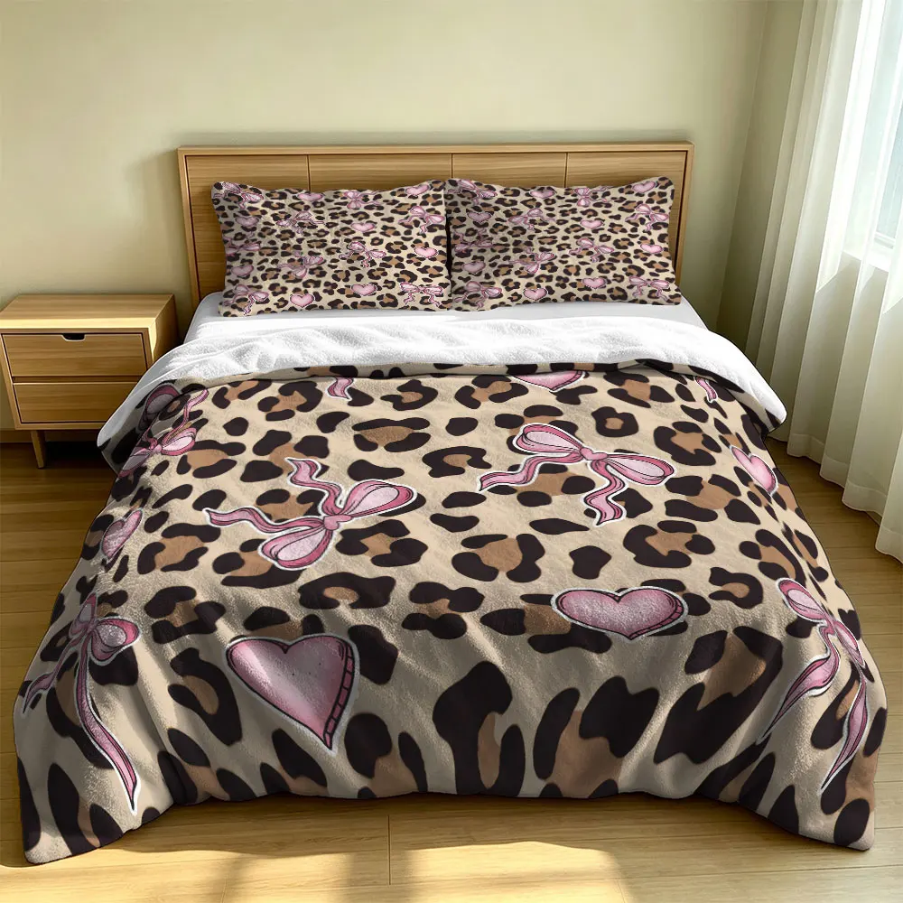 3PCS Leopard Print Pink Heart Bow Milk Velvet Bedding Set Soft Warm Winter Unfilled 1 Duvet Cover 2 Pillowcases Cozy Home Dec
