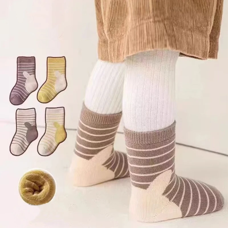 

Baby Plush Sock Thicken Velvet Anti-Cold Footwear Winter Warm Kids Middle Tube Socks Cute Cartoon Striped Children Socks 0-4Year