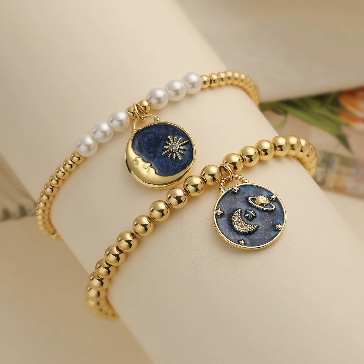 NEWBUY Trendy Gold Color Beads Bracelets For Women Hot Sale Enamel Moon Sun Jewelry Birthday Gift