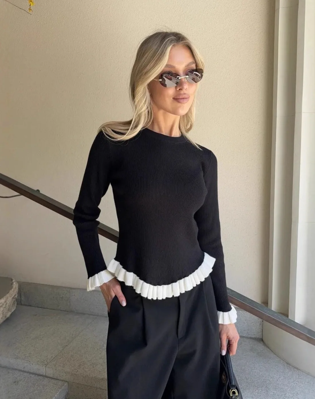 

Fashion Ruffled Knitted Sweater For Women Slim O neck Long Sleeve Pullover Sweater Autumn Winter Knitwear Top Female