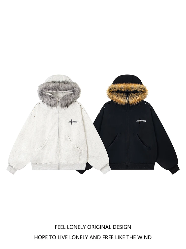 American Style Beaded Large Fur Collar Letter Embroidery Hooded Jacket Unisex Casual Loose Fashion Trend Zipper Sweatshirt