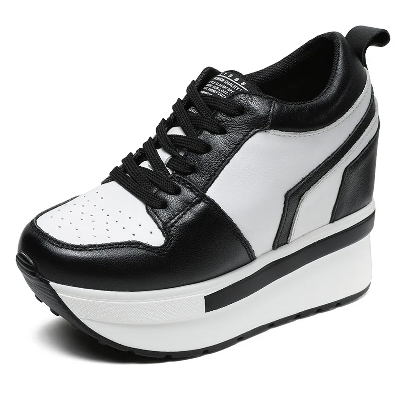 

10cm Genuine Leather Women Autumn Spring Platform Wedge Women Fashion Sneakers Chunky Shoes Vulcanize Skateboard shoes 35-39