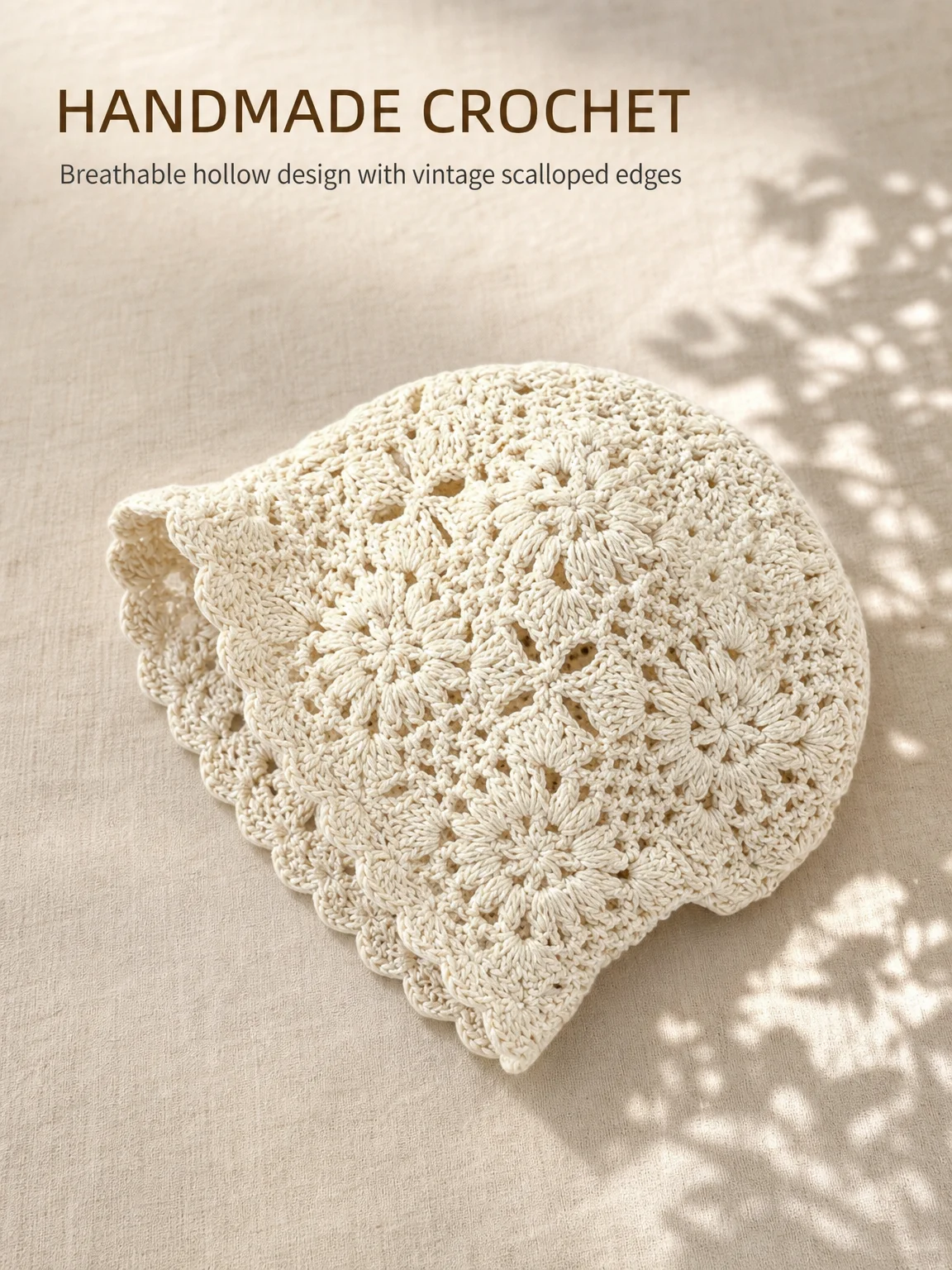 Elegant Boho Handmade Lace Knit Hat, Breathable Hollow Out Design, Natural Wave Fold Brim, Simple Style, Spring Autumn Accessory