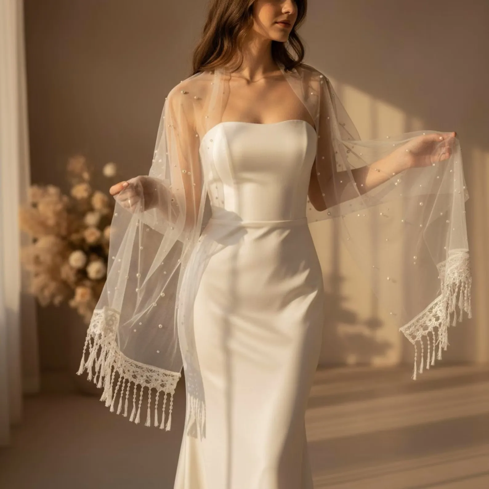 Long Bridal Shawl Cape Wrap for Women Wedding Evening Dress Cover Up with Beaded Pearl Tulle Accessory for Bride