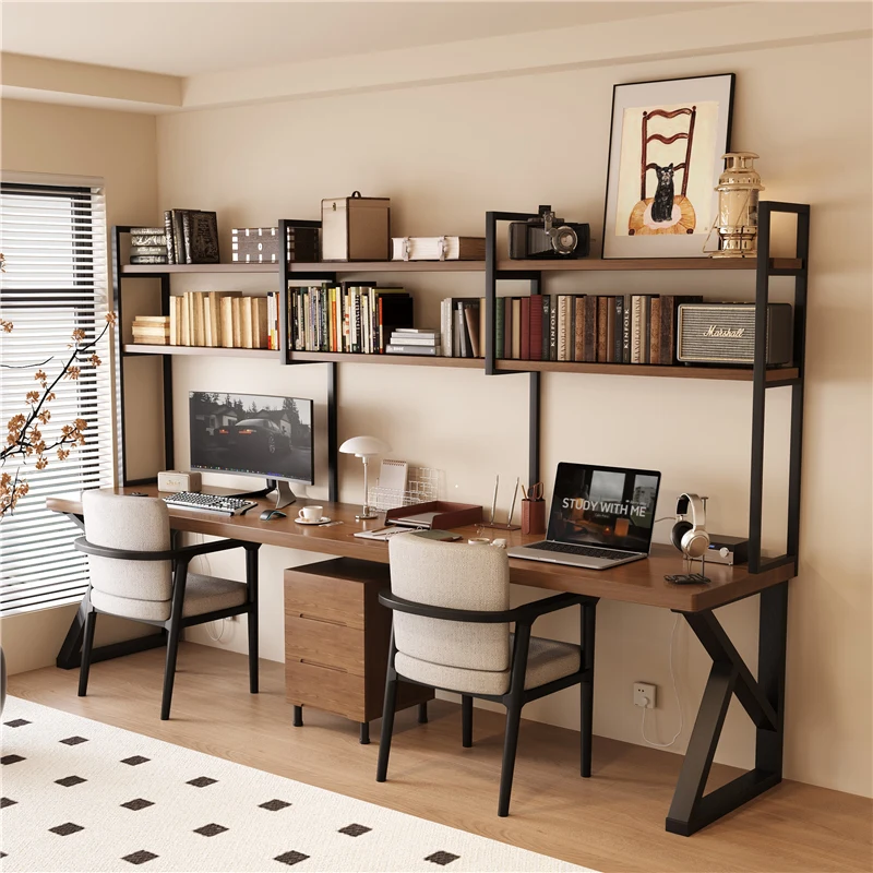 

Household solid wood double desk bookshelf integrated computer desk against the wall student study bedroom study table long tabl