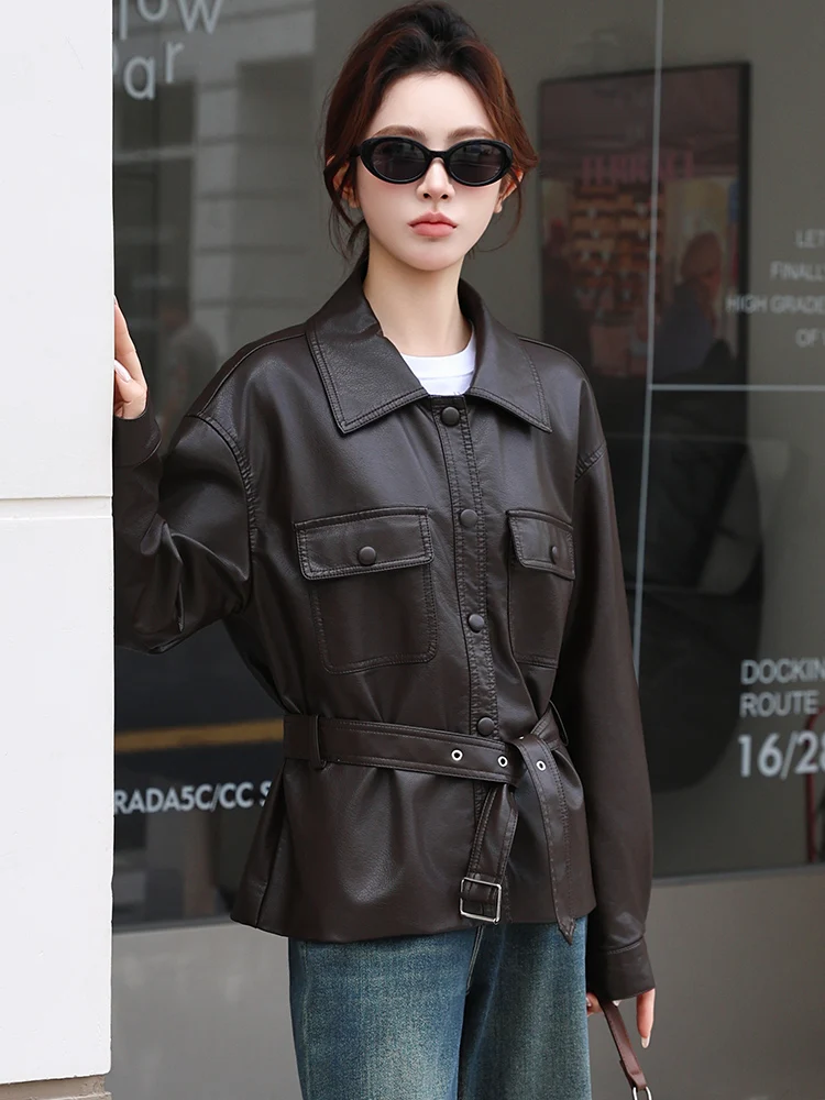 Ele ort بولي Leather الجلود السائق Jaet المرأة الخصر مقصوص الخريف مزاجه بارد عادية Sle Faionable معطف فوقي