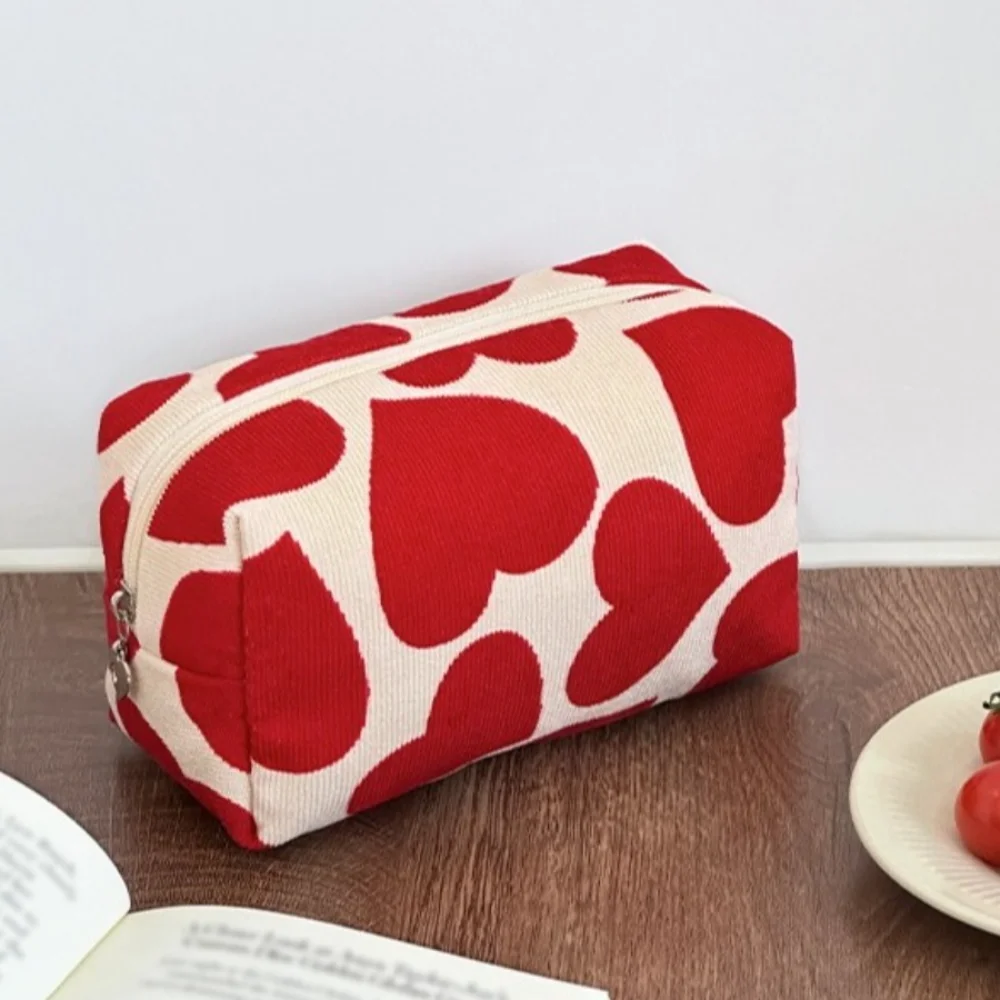 

New Love Pattern Makeup Bag Zipper Closure Corduroy Skin Care Storage Bag Large Capacity Cosmetics Pouch Outdoor Accessories