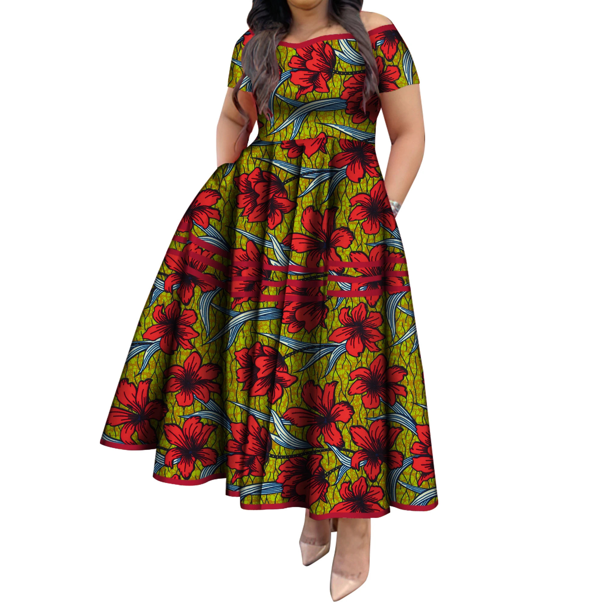 

BintaRealWax African Dresses for Women Elegant African Print Short Sleeve High Waist Maxi Dress Africa Clothing WY3629
