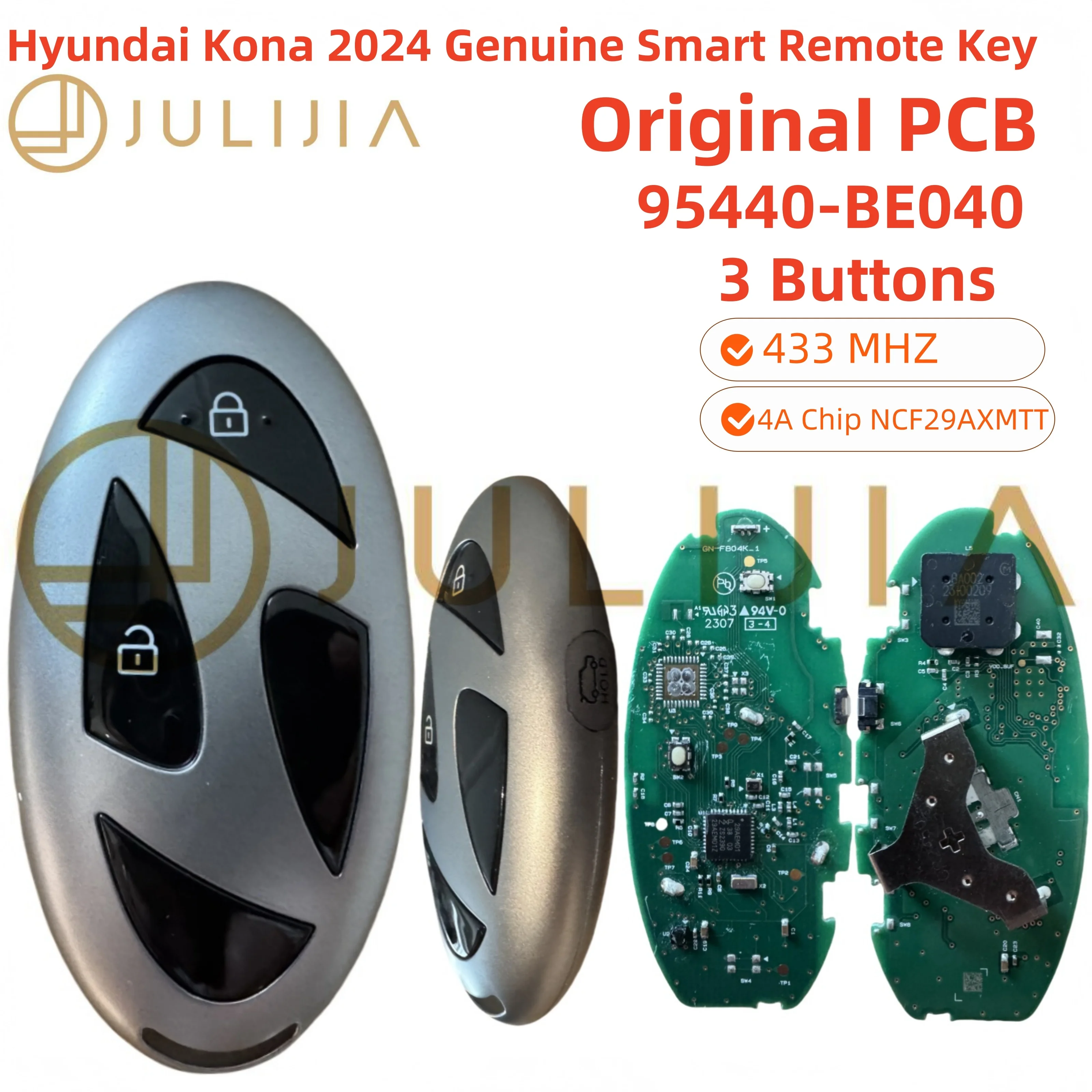 For Hyundai Kona ID 4A Chip 2024 Genuine PCB Smart Remote Key 433MHz After Market Key Shell 3 Buttons 95440-BE040