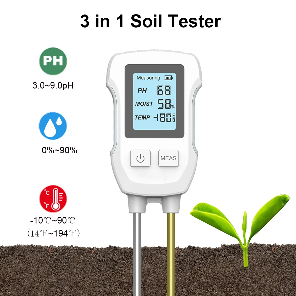 3in1 Soil Tester PH/Moisture/Temp Digital LCD Meter Heat-resistant Metal Sensor Humidity Monitor for Flower Plants Gardening