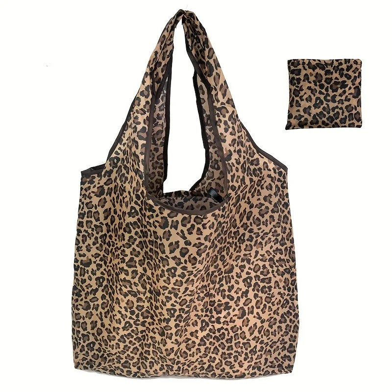 1 Women's Large-Capacity Leopard-Print Tote Bag  Spacious, Durable Polyester Shopping Bag, Brown, Foldable Design