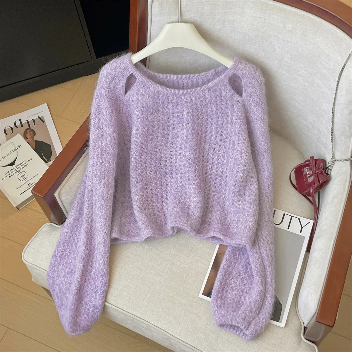 

Women's Purple O-Neck Pullover Sweater Vintage 2000s Korean Y2k Knit Top Soft Cozy Knitwear Long Sleeves Cashmere Sweater Autumn