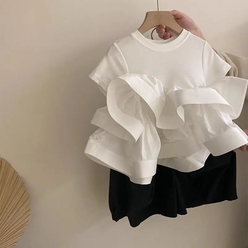 

Summer children's Korean Western style sweet cake top Baby girl white short sleeved T-shirt