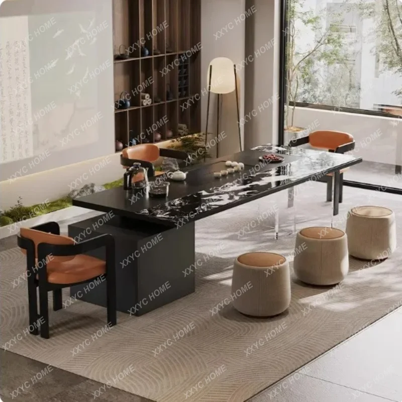 L visual black  minimalist rock slab tea tea table and chair combination one table five chairs