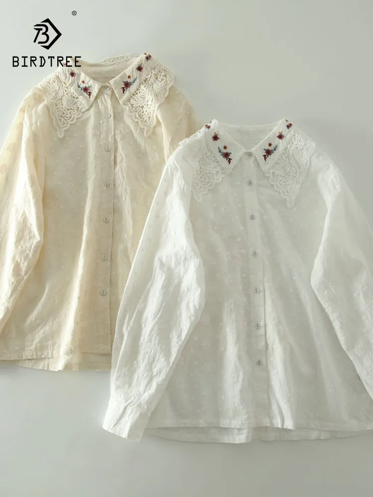 

Новая женская хлопковая рубашка с длинным рукавом Весна 2026, с кружевным отложным воротником, вышивкой, в стиле Mori Girl, французская милая свободная блузка T62956CC
