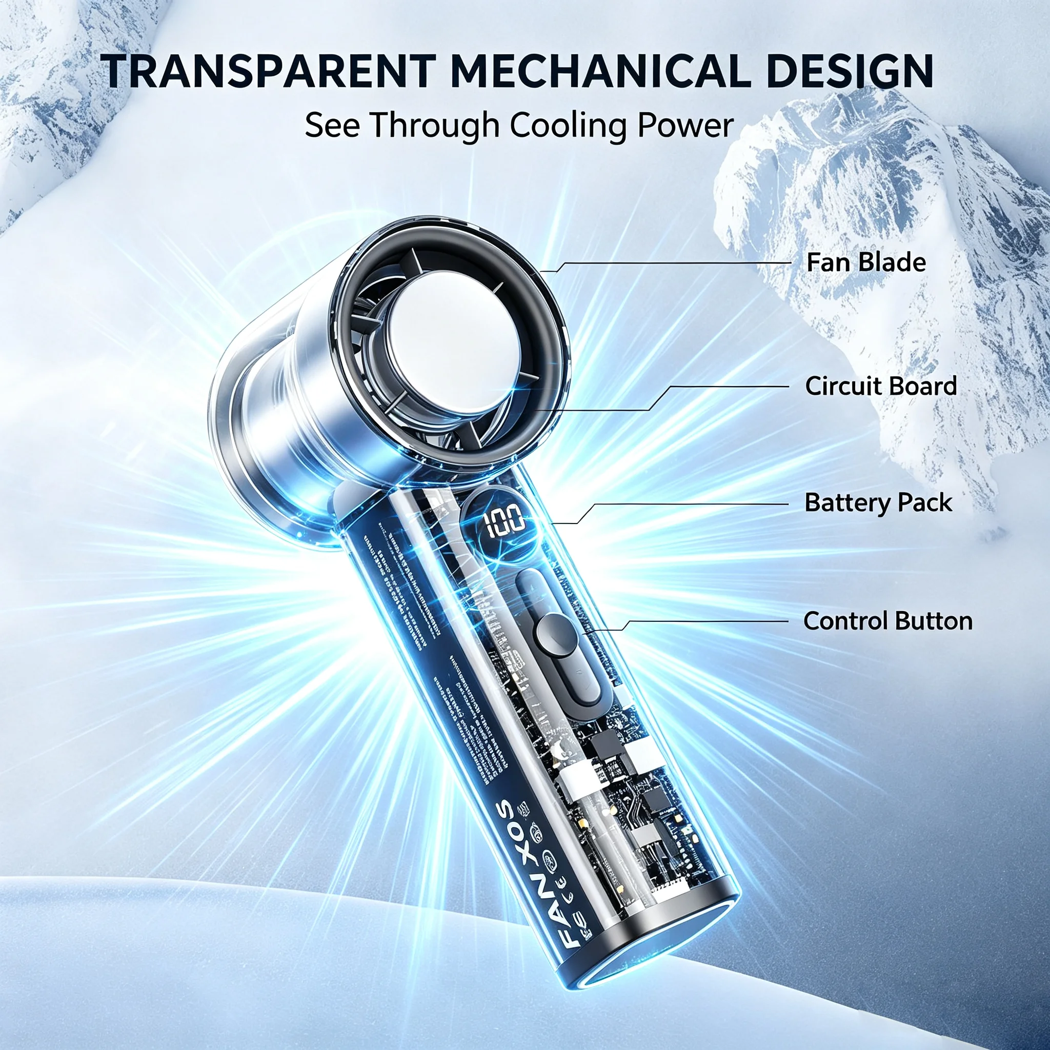 Transparent mecha-style fan featuring 100-level speed adjustment, an LED digital display, USB-C charging, and a portable design.