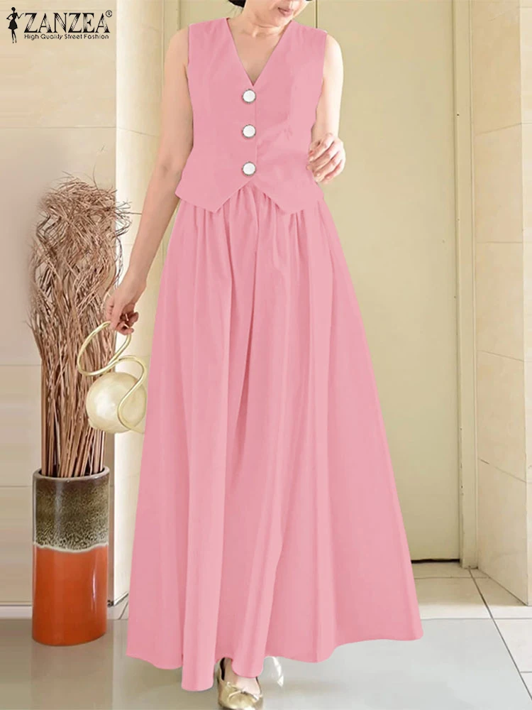 

ZANZEA 2PCS Women OL Work Dress Sets Summer Outfits Two Pieces Sets Fashion Elegant Sleeveless Vests Tops Solid Sundress Suits