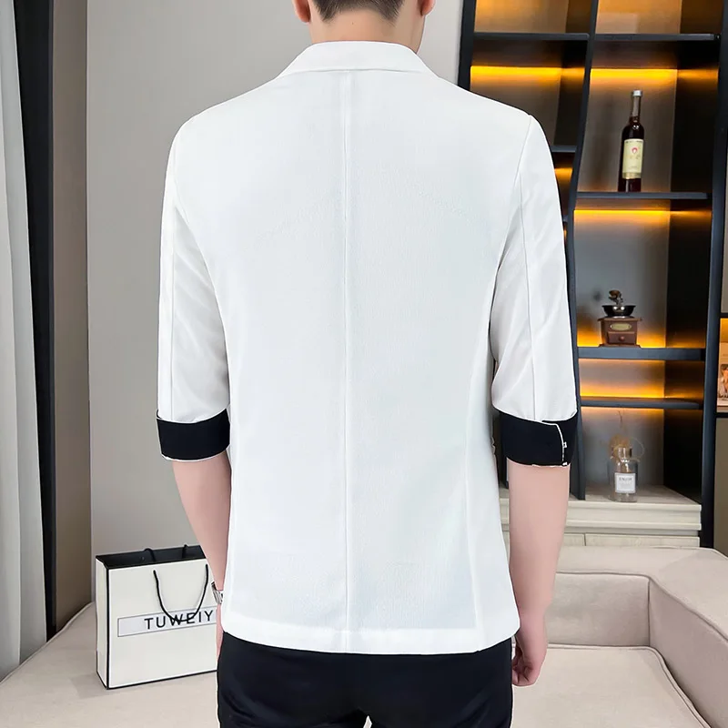 2023 Summer Fashion Patchwork Suit Jacket Thin 3/4 Sleeve Casual Blazer Streetwear Slim Social Barber Dress Coat Men Clothing