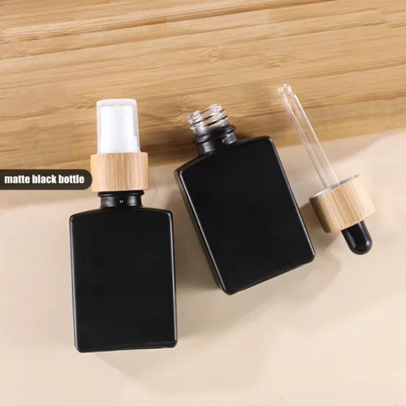 200pcs 30ml Matte Black Square Spray Dropper Glass Bottles with Bamboo Lid Face Care Cosmetic Oils Serum Refill Fragrance Bottle