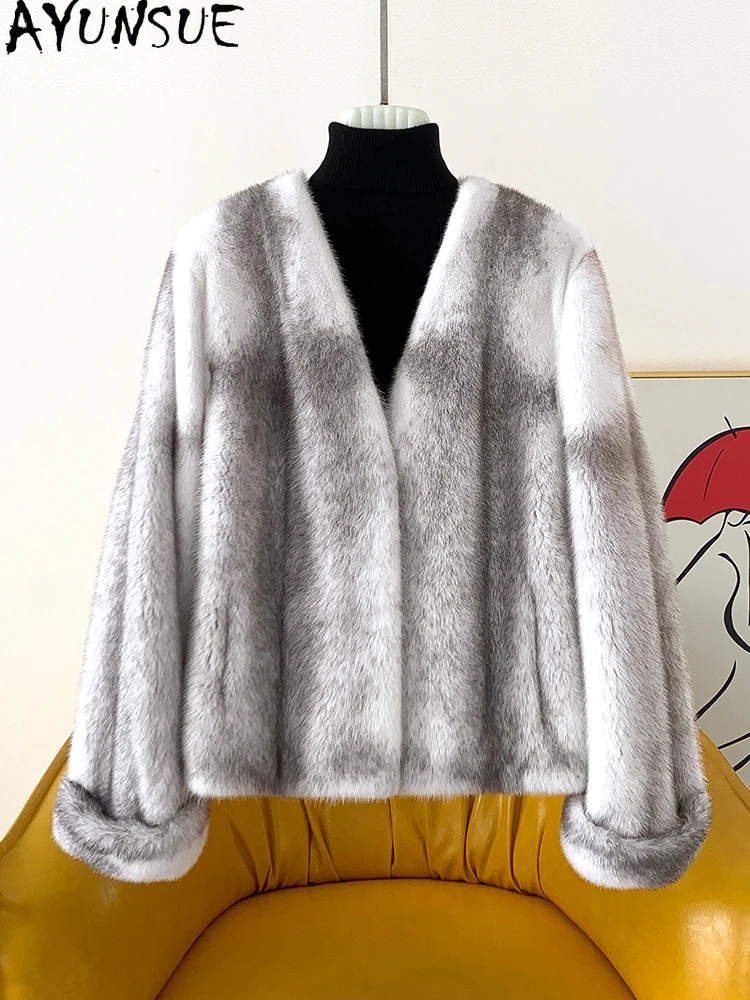 AYUNSUE 2025 Prawdziwe Futro z Norki Kurtki Damskie Całe Futro z Norki Dekolt w Serek Zimowa Kurtka Damska Luksusowa Kurtka Futrzana Abrigo Mujer